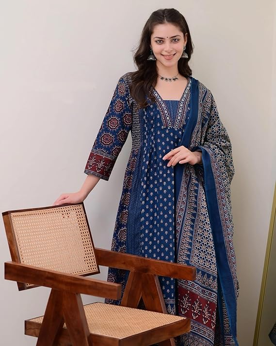 KLOSIA Women's Rayon Printed Anarkali Kurta and Pant with Dupatta Set
