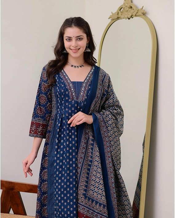 KLOSIA Women's Rayon Printed Anarkali Kurta and Pant with Dupatta Set